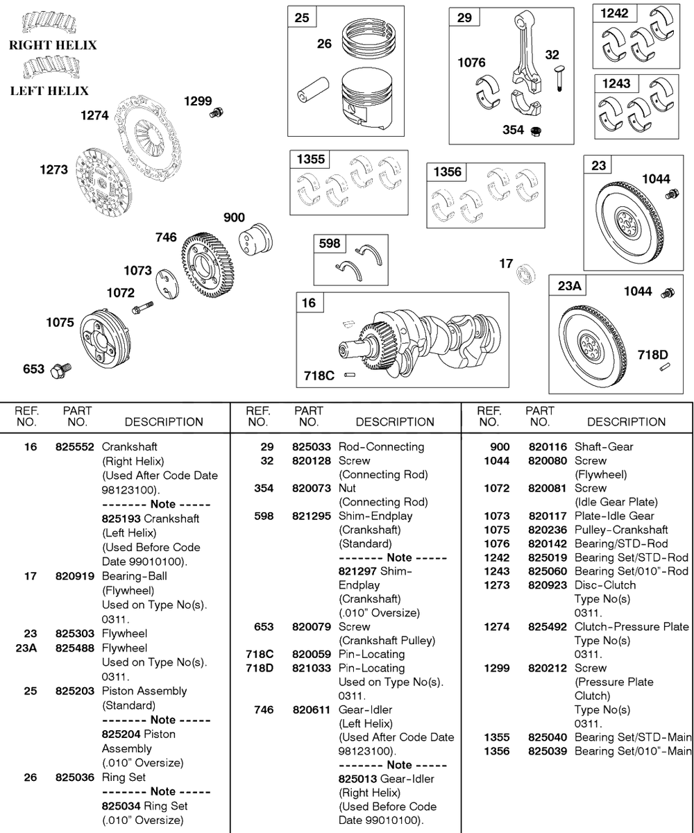 Crankshaft, Piston, Flywheel, Clutch Diagram and Parts List for 580447-0315-XX  Briggs and Stratton Engine